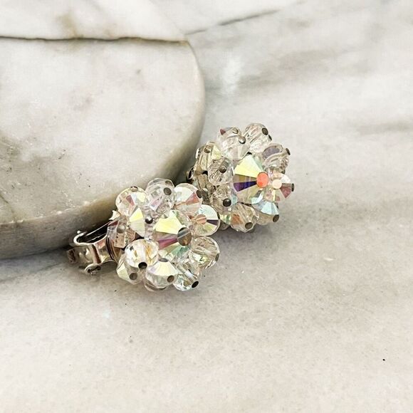 Vintage Signed Hobe Earrings AB Crystal Faceted Beads Clip On Silver Toned - Picture 3 of 8